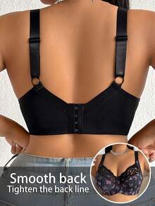 Plus Size Women Non-Wired Lace Patchwork Breathable Non-Slip Supportive Adjustable Strap Seamless Bra, Suitable For Daily Wear In Various Occasions - Black - View 3