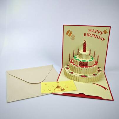 5张/包创意3D烫金生日蛋糕折叠贺卡