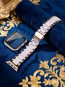 2-In-1 Compatible With Apple Watch Bands And Cases Fashionable High-End Metal And Resin Band + Anti-Drop And Scratch-Resistant Hard Pc And Tempered Glass Protective Film Integrated Case, Compatible With Apple Watch 40/41/42 /44/45/46/49mm Band Protective Case Compatible With Apple Watch Series Ultra/11/10/9/8/7/6/5/Se/4 Comes With Band Adjustment Tool Business Casual Watch Band Watch Case For Men And Women - Rose Gold/white - View 2