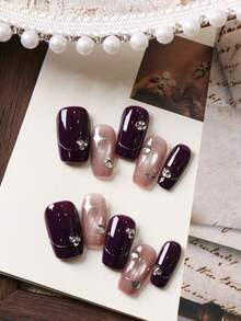 10pcs Acrylic Press On Nails Purple; Light Coffee Cat's Eye Star Fake Nails Short Office DailyWear False Nails Artificial Nails Kit Includes 1sheet Adhesive Tabs &1 Pc Mini File - Multicolor - View 4