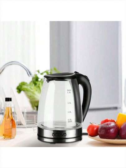 OCTAVO 1个1.8升玻璃电水壶，1200瓦快速沸腾，无线设计，自动断电和防干烧保护，柔和蓝色LED指示灯，饮水配件，旅行配件，美规插头
