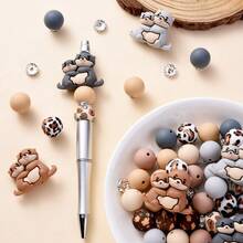 28pcs/Set Cartoon Otter Beads With 15mm Printed Round Beads & 8mm Glass Rhinestone Beads, Silicone Animal Beads Set, Best Gift For Family Gathering, DIY Craft Kit, Bracelet, Necklace - Multicolor - View 2