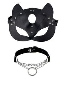 2pcs/Set Leather Half Face Cat Mask And Round Collar, Roleplay Party Gothic Punk Halloween Masquerade Accessories, Unisex - Black - View 1