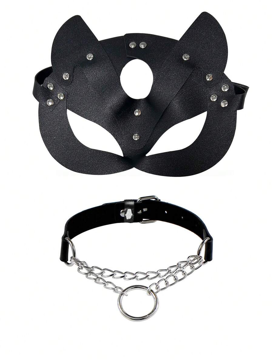 2pcs/Set Leather Half Face Cat Mask And Round Collar, Roleplay Party Gothic Punk Halloween Masquerade Accessories, Unisex - Black - View 1