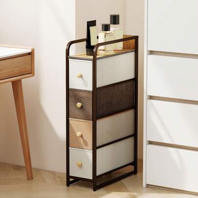  HOMCOM Cómoda con 4 Cajones de Tela, Cómoda para Dormitorio Estrecha con Marco de Acero, Cajonera para Espacios Pequeños, Sala de Estar, Vestidor, Baño, Multicolor