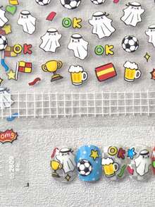 1片卡通可爱世界杯足球啤酒图案5D美甲贴纸，适合长指甲和短指甲，派对和节日美甲贴纸，可用于手脚DIY美甲、手机壳、日记装饰，深受女性和女孩喜爱。