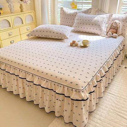 波西米亚风三件套床裙套装（1条床裙+2个枕套），优雅清新田园风格，适用于双人床/单人床，卧室床上用品，四季皆宜