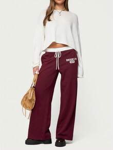 Wide Leg Sweat Pants For Womens High Waisted Baggy Sweatpants Casual Drawstring Workout Pants With Pockets - Burgundy - View 1