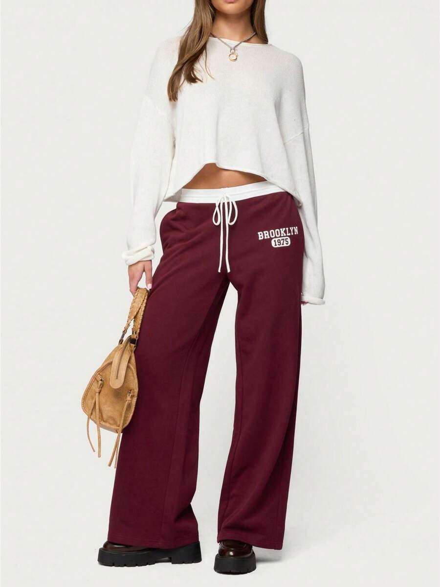 Wide Leg Sweat Pants For Womens High Waisted Baggy Sweatpants Casual Drawstring Workout Pants With Pockets - Burgundy - View 1