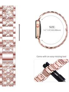 1pc Compatible With Apple Watch Band, Rose Gold, 38mm/40mm/41mm/42mm/44mm/45mm/49mm/46mm, Women's Jewelry Replacement Metal Strap, Shiny, Suitable For S9/S10, Rhinestone Retro Band, Metal Strap, For S8 Ladies Ultra2/3/1, Fit For SE9/8/7/6/5/4/3/2/1 Apple Watch8, Rhinestone Girl 7th Gen SE Fashionable Sensor Metal Watch Band, Summer Accessory Strap - Rose Gold - View 10