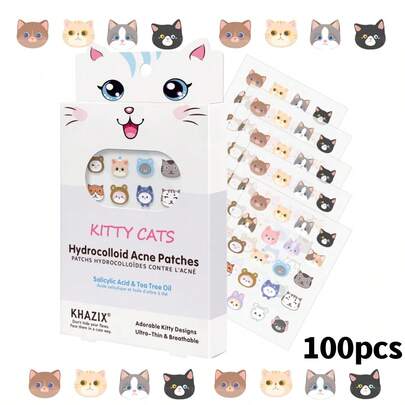 100 piezas Parches de acné con diseño de gato lindo, decoración navideña, pegatinas de acné con cara de dibujos animados, pegatinas de hidrogel para cubrir imperfecciones, suaves en la piel, fáciles de aplicar, resistentes al agua y al sudor, perfectas para decoración de fiestas, pegatinas faciales, pegatinas correctoras, pegatinas de maquillaje