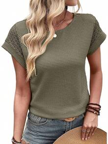Womens Summer Tops 2026 Waffle Knit Lace Hollow Out Short Sleeve-Shirts Crewneck Casual Loose Basic Tee Blouses - 綠色 - 查看 8