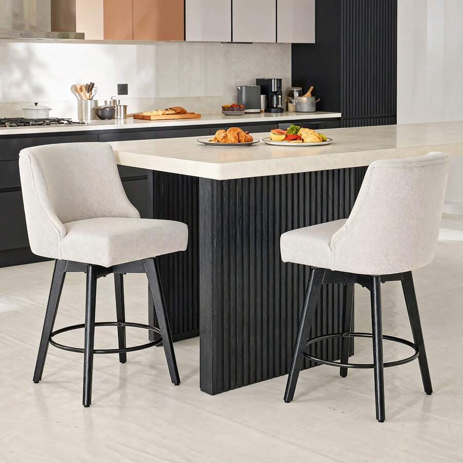 Vipbear Modern Bar Stools Set Of 2 Or 3-Piece, High-Density Foam Cushion & PU Leather / Linen Upholstered Barstool With Curved Back, Swivel Easy-To-Clean Bar Chair With Wood Legs, Comfy Counter Stools For Kitchen Island, 19.5 Inch Height - 白色 - 查看 1