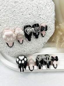 10片Y2K短杏仁形手工按压式美甲，黑色粉色3D蝴蝶结猫爪可爱病娇假指甲翅膀皇冠闪粉美甲用品（1张果冻贴纸+1个指甲锉）