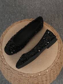 女士芭蕾舞鞋，时尚方头套脚软底鞋，百搭平底鞋，黑色串珠平底乐福鞋，尺码偏大，加大码 35-43 - 黑色珠片(光板) - 查看 16