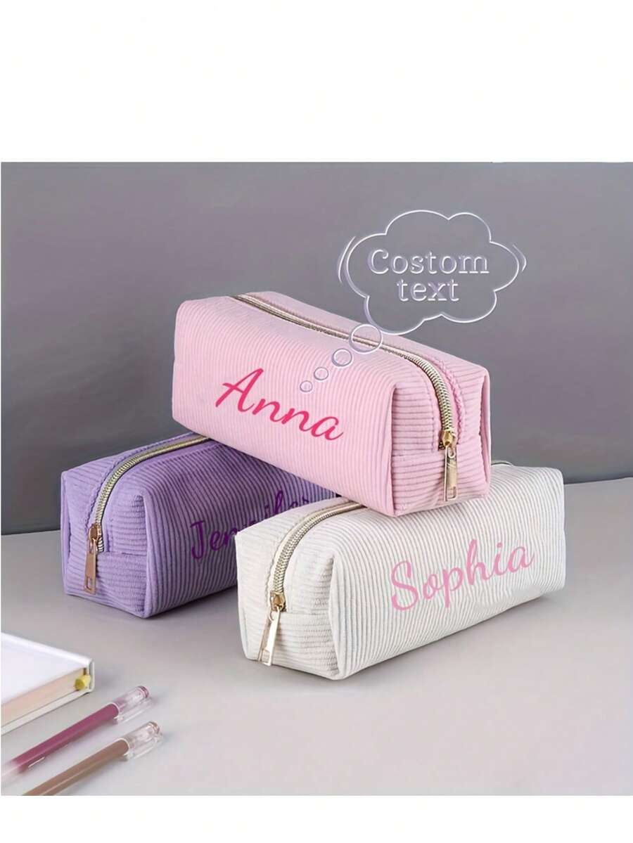 Personalized Floral Pencil Case - Pink/Purple/Beige, Large Capacity School & Cosmetic Storage Bag With Gold-Tone Hardware, Girls Gift (Birthday/Graduation) - Elegant Zipper Stationery & Makeup Pouch, Suitable For Teens, Women, Students - Customized, Durable Fabric Storage Bag - Multicolor - View 1
