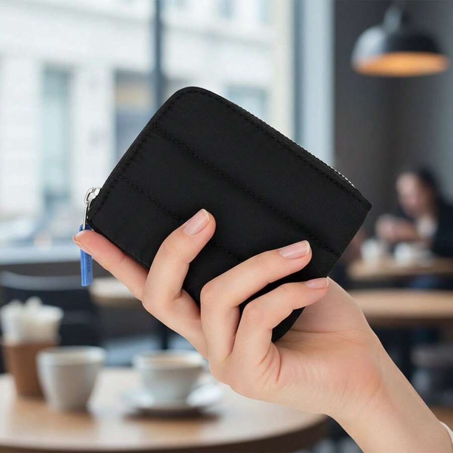 Womens Cute Handheld Coin Purse Compact Zipper Quilted Card Wallet Practical Mini Square Bag For Daily Use - 黑色 - 查看 1