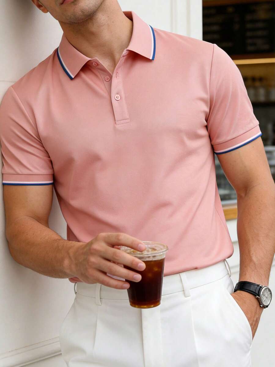 男士夏季纯色短袖休闲通勤1/4拉链Polo衫，适合高尔夫运动，黑色Polo衫 - 粉色 - 查看 1
