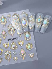 5D金属质感奢华巴洛克浮雕美甲贴纸，金色蕾丝渐变彩色宝石镜面心形翅膀复古波西米亚Y2K全息美甲贴花，DIY美甲配件 - 彩色 - 查看 6