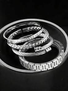 Camhanno 4pcs Fashionable Retro Stainless Steel Bracelet+Strap Bracelet Combination Set, Suitable For Men's Daily Wear, Gatherings, Parties, Holiday Gifts - Silver - View 5