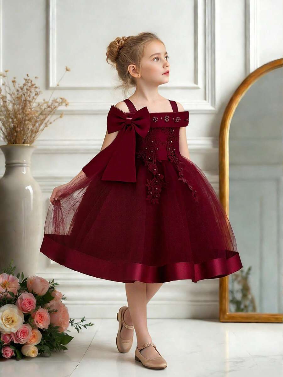 Vestido elegante sin mangas con estampado floral y lazo de malla para niñas, adecuado para fiestas de cumpleaños, sin diadema - Burdeos - Ver 1