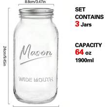 Mason Jar de boca ancha de 64 onzas paquete de 3 tarros grandes de medio galón con tapa hermética tarros de vidrio grandes para conservas decapado fermentación almacenamiento - 64 onzas - Ver 2