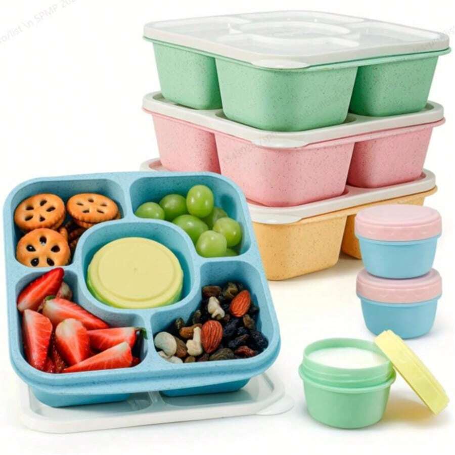Caperci Lunchable Snack Containers - 5 Compartments Bento Snack Boxes With 4 Leakproof Small Containers, Wheat Straw, Set Of 4, Ideal For Office, School, Travel - Multicolor - View 1