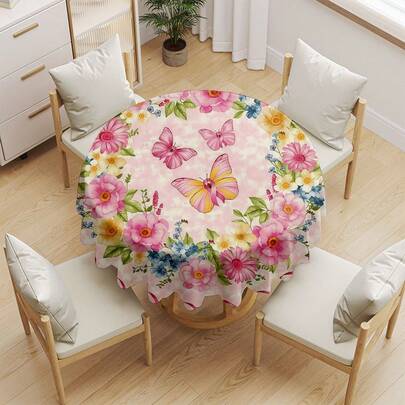 1pc Elegant Floral Round Tablecloth - Blooming Roses & Botanical Print Polyester Table Cover, Waterproof Washable For Mother's Day, Valentine's Day, Spring Brunch, Wedding, Anniversary & Garden Party Decor, Holiday Dining Table Decoration