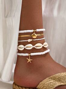 5 Stück/Set Boho-Stil Perlen Fußkettchen Set mit Muscheln, Perlen & Seestern Anhängern als Schmuckgeschenk für Frauen am Strand - Verschiedenfarbig - Übersicht 2