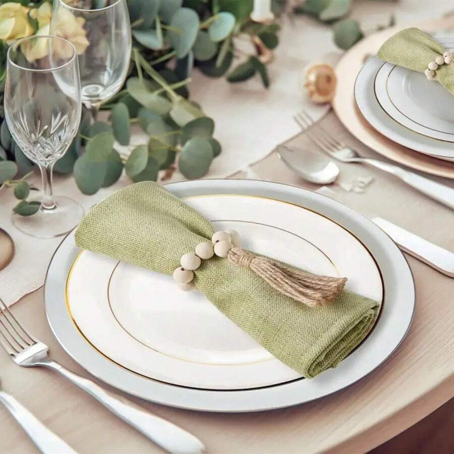 2/4/6/12pcs Vintage Handmade Woven Wooden Bead&Tasseled Napkin Rings,European Style Elegant Table Decor,Suitable For Wedding Party Decoration,Valentine's Day And Daily Decoration - Multicolor - View 1