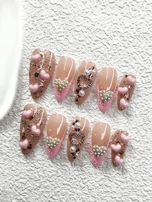 10片装可爱法式美甲贴纸套装，亚克力美甲套装，白色水晶爱心镶嵌，搭配粉色镂空水晶爱心美甲配件，闪亮银色亮片和糖粉美甲装饰，三种尺寸可选：杏仁形、鸭嘴形、棺材形，包含工具包，适合女性和女孩，可用于派对、活动、日常美甲，手工按压式美甲贴片 - 彩色 - 查看 12