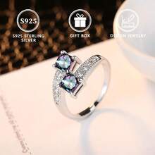 Anel de Mulher de Prata 925 com Zircônia Cúbica Iridescente de Duas Cabeças, Anel Minimalista Retrô da Moda para Mulheres - Prata - Visão 3