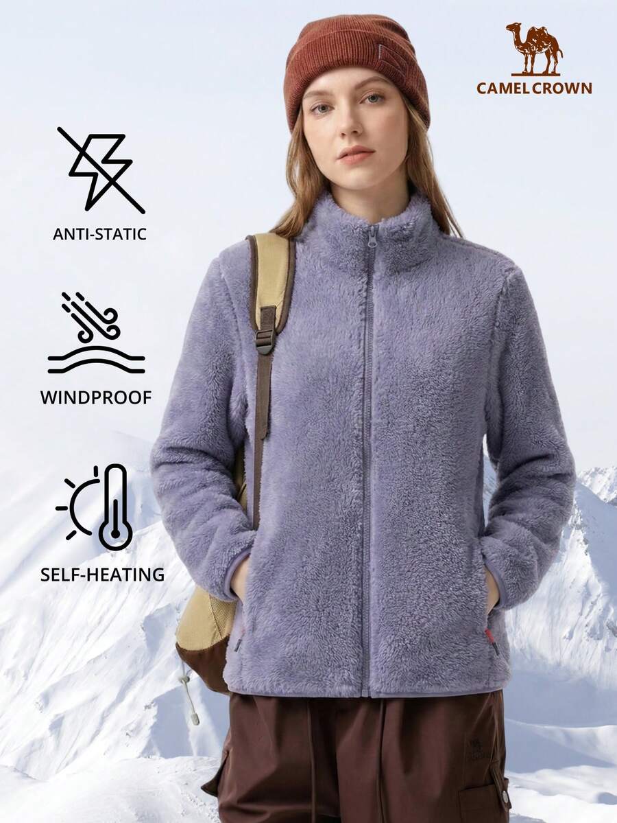 CAMEL CROWN Women's Outdoor Coral Fleece Jacket, Reversible Fleece Coat For Autumn/Winter, Thick & Warm, Anti-Static, Wind-Resistant Lining - Orchid Purple - View 1