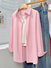 Casual Women's Pink Drop Shoulder Long Sleeve Shirt Collar Blouse With Buttons And Pocket Details Regular Length - Pink - View 5