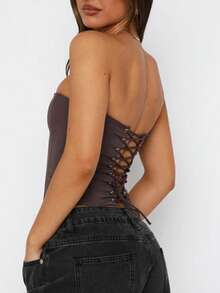 Womens Strapless Bustier Corset Top Y2k Lace Up Boned Overbust Corset Bodyshaper Tube Top Going Out Bustier - 咖啡色 - 查看 4