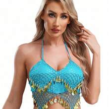 Women Halter Bra Tops Sequin Beads Tassel Lace-Up Belly Dance Crop Top Boho Festival Bellydance Performance Costume Dancewear - Multicolor - View 8