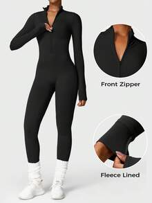 VOYJOY Women Fleece Long Sleeve Zipper Jumpsuit Zip Up Romper Bottom Pants Bodysuit Bodycon Sexy One Piece Winter Skiwear  Winter Clothes Winter Clothes Winter Clothes For Women Gym Clothes Women - 高級黑 - 查看 4