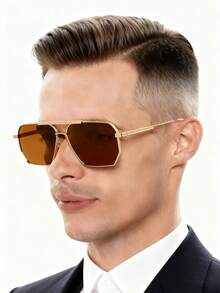 1 PC Men's Metal Futuristic Square Frame Fashion Eyewear For Vacation Outing And Daily Life Outfits - Brown - View 2