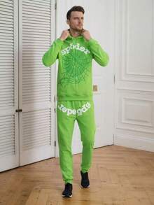 The Fashionable And Versatile Hoodie Set, Featuring A Unique Spider Pattern And Letter Decoration, Is A Comfortable And Casual Outfit. - màu xanh lá - Xem 4