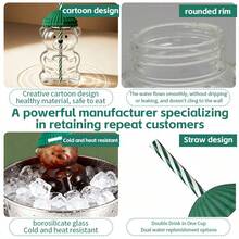 Mini Bear Shaped Glass Cup With Green Hat Lid And Straw - Transparent Cute Bear Drinking Cup, Suitable For Home And Office Use, 2025 Christmas Gift, Reading Cup, Holiday Gift, Fun Drinkware, Durable Glass Ware - Multicolor - View 2