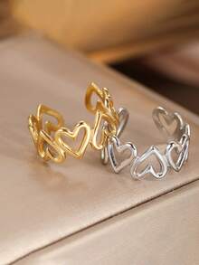 1pc Stainless Steel Hollow Heart Shaped Stackable Ring, Vintage French Style Fashion Niche Design Elegant Jewelry For Daily Wear - Ring - View 3