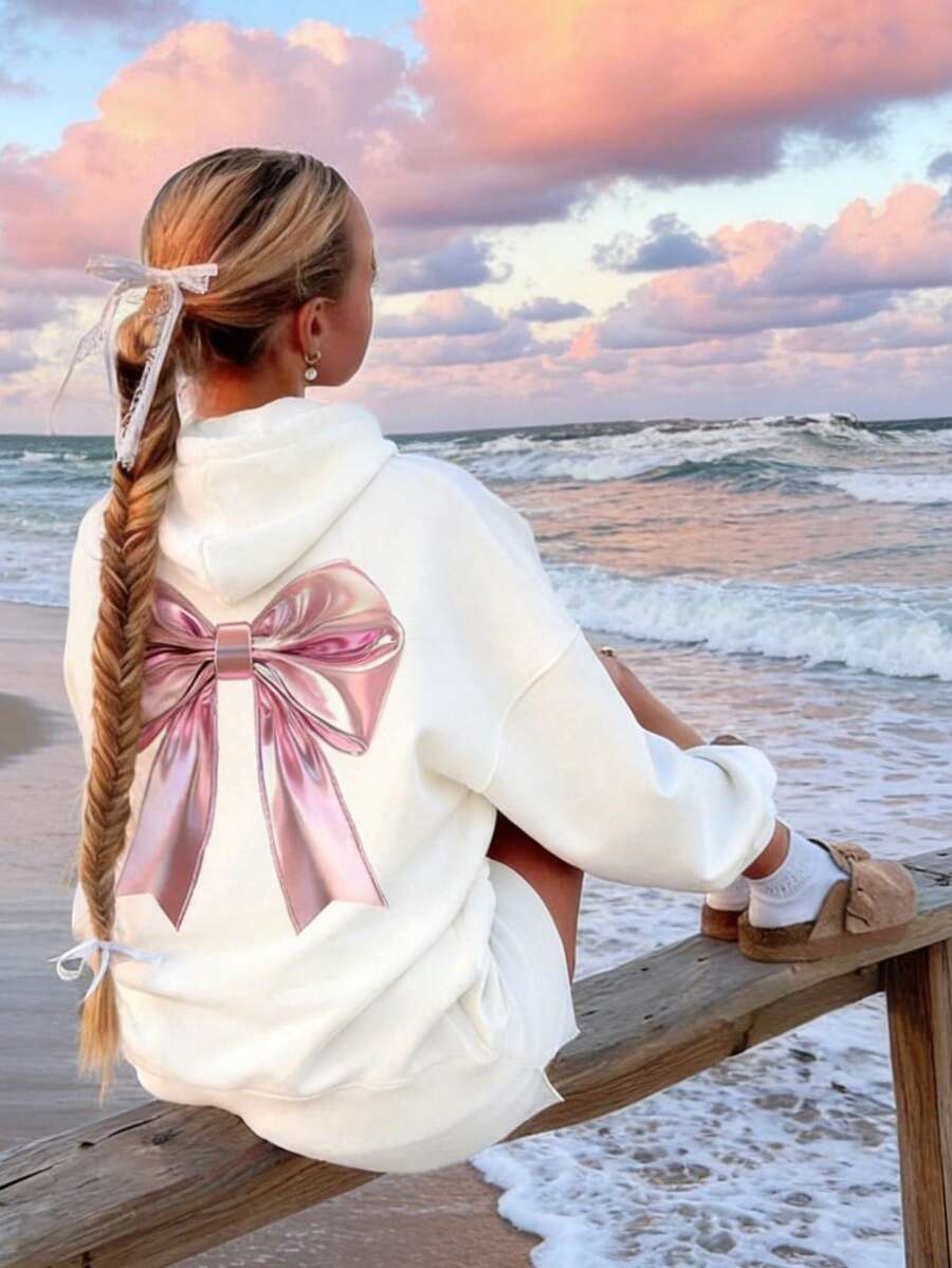 1pc Tween Girl Thermal Lined Thick Warm Sweatshirt, Young Student Clothing, Suitable For Kids Autumn/Winter Long Sleeve Top - White - View 1