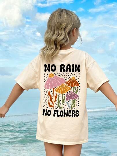 1pc Girls Casual Floral Print Round Neck Short Sleeve T-Shirt, Summer Student Young Children Clothing - The T-Shirt With Colorful Floral Print Brings Joy And Happiness To Every Child! NO RAIN NO FLOWERS