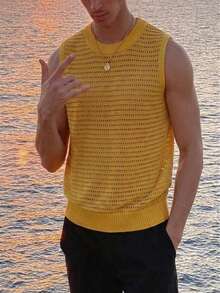 ANDREILEE Men's Casual Loose Solid Color Hollow Semi-Transparent Retro Streetwear Sportswear Sleeveless Knit Pullover Vest, Yellow - Yellow - View 2