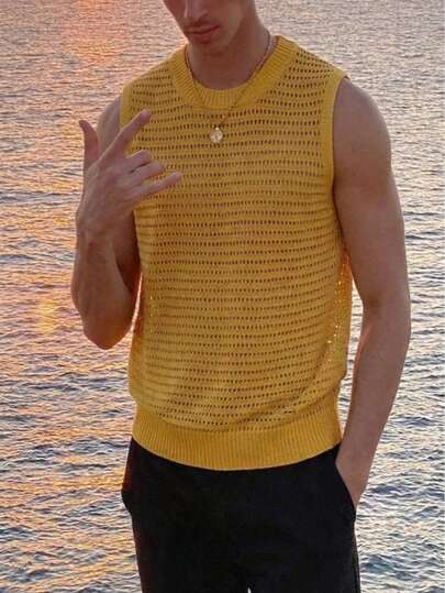  Áo vest nam không tay dệt kim dáng rộng, màu trơn, khoét rỗng, hơi trong suốt, phong cách retro đường phố thể thao ANDREILEE, màu vàng.