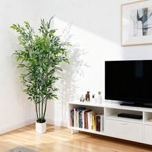 Árbol de ficus artificial de 1,2 m/1,5 m/1,8 m de alto para decoración del hogar, planta de ficus artificial de interior, planta de suelo falsa con maceta blanca, árbol de vegetación artificial para interior y exterior, decoración de jardín, oficina. - Verde - Ver 4