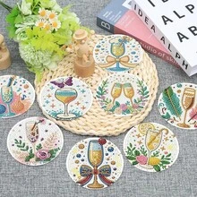 8件套DIY 5D钻石画杯垫套装（酒杯主题）带支架 | 闪亮饮品杯垫，适合家居酒吧/派对装饰和礼品