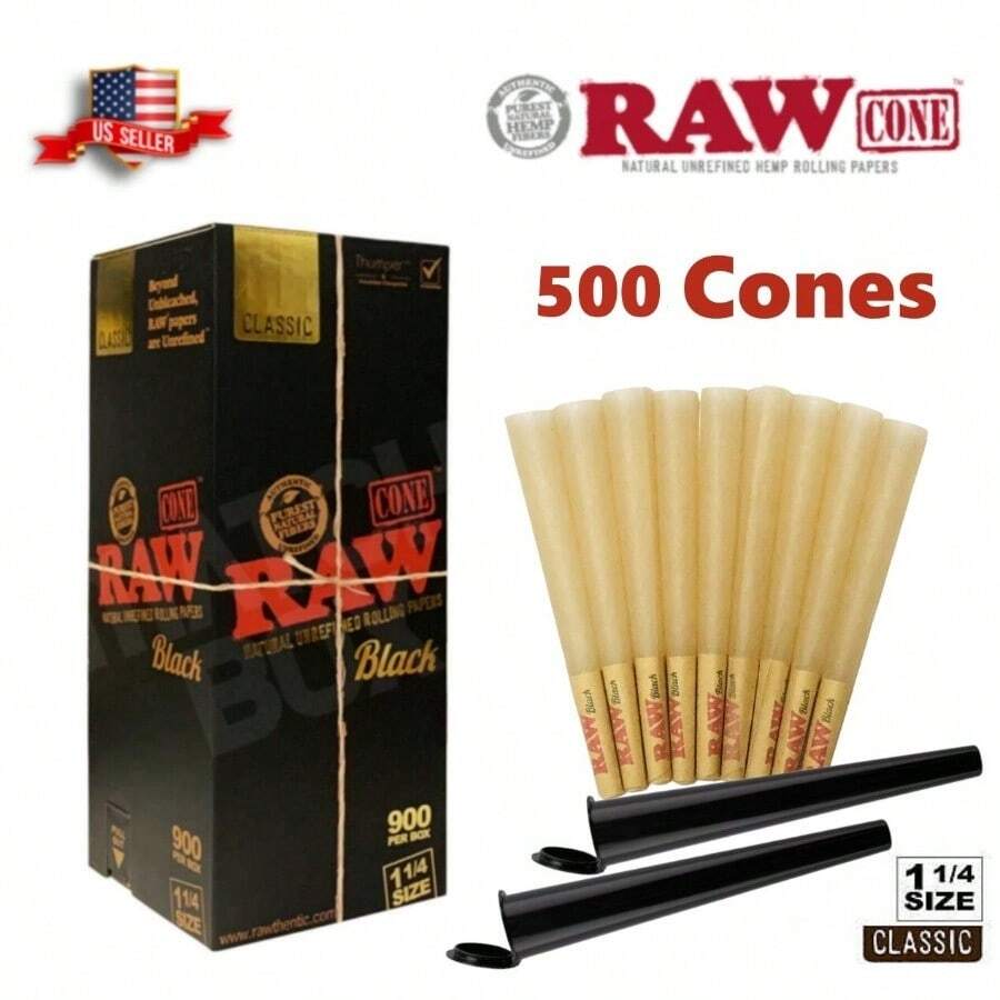 Authentic RAW Black 1 1/4 Size Pre-Rolled Cone 500 Pack Andamp; 2 Tubes - 如圖所示 - 查看 1