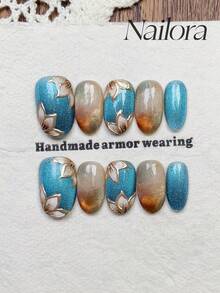 10片手工椭圆形亚克力美甲贴片，短款，简约青蓝色渐变美甲，闪亮亮泽猫眼美甲，手绘简约金属花朵，镶嵌小钻石，简约优雅奢华春季美甲，极简美学夏季美甲贴片，多功能美甲DIY假指甲，适合派对、日常、约会、工作场合，可重复使用，送给女性和女孩的礼物，美甲用品，手工美甲贴片 - 彩色 - 查看 1