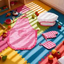 Set Perlengkapan Memasak Motif Kotak-kotak untuk Anak, Set Kostum Koki Ukuran Anak, Celemek, Sarung Tangan, dan Topi dari Serat Asetat, Mainan Peran Koki Kartun untuk Anak Laki-laki dan Perempuan, Pakaian Memasak, Mainan DIY Dapur untuk Pesta Ulang Tahun - MultiWarna - View 3